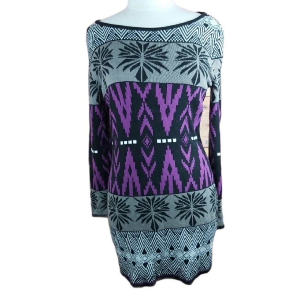 Mexx Purple and Gray Geometric Knit Sweater Dress